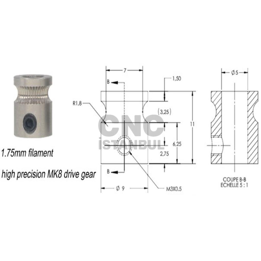 cnc istanbul 02 mk8 extruder dişlisi